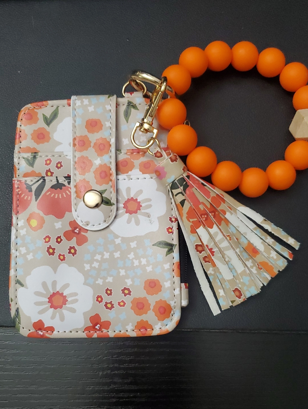 Floral Card Wallet with Orange Beaded Wristlet